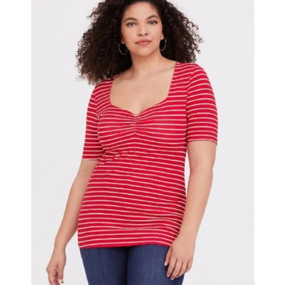 Torrid Red Striped Ruched Sweetheart Neck Foxy Tee Size 2 (2X)